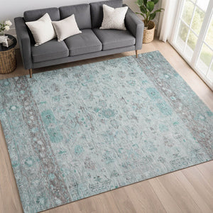HomeRoots 5' X 8' Durable Teal Blue Gray Silver Tribal Area Rug - Stylish, Washable for Indoor & Outdoor Use 659331