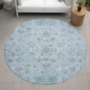HomeRoots 8' Teal Blue Gray Silver Round Tribal Rug - Stylish, Washable, Durable for Indoor Outdoor Spaces 659332