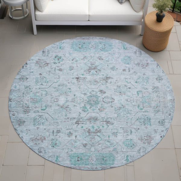 HomeRoots 8' Teal Blue Gray Silver Round Tribal Rug - Stylish, Washable, Durable for Indoor Outdoor Spaces 659332