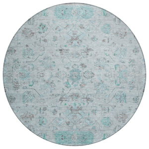 HomeRoots 8' Teal Blue Gray Silver Round Tribal Rug - Stylish, Washable, Durable for Indoor Outdoor Spaces 659332