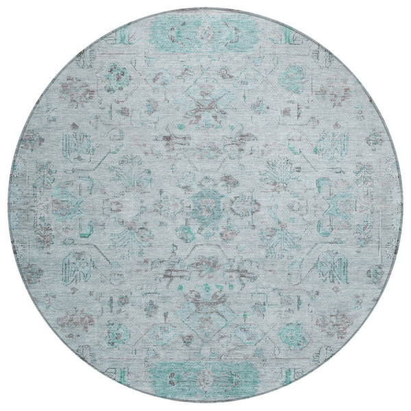 HomeRoots 8' Teal Blue Gray Silver Round Tribal Rug - Stylish, Washable, Durable for Indoor Outdoor Spaces 659332
