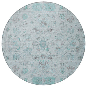HomeRoots 8' Teal Blue Gray Silver Round Tribal Rug - Stylish, Washable, Durable for Indoor Outdoor Spaces 659332