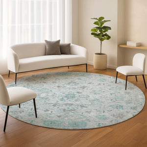HomeRoots 8' Teal Blue Gray Silver Round Tribal Rug - Stylish, Washable, Durable for Indoor Outdoor Spaces 659332