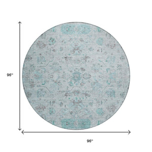 HomeRoots 8' Teal Blue Gray Silver Round Tribal Rug - Stylish, Washable, Durable for Indoor Outdoor Spaces 659332