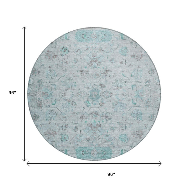 HomeRoots 8' Teal Blue Gray Silver Round Tribal Rug - Stylish, Washable, Durable for Indoor Outdoor Spaces 659332