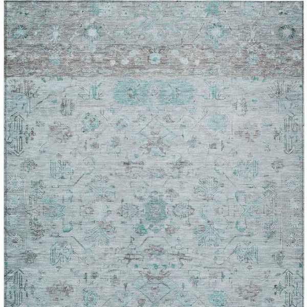 HomeRoots 8' X 10' Washable Teal Blue Gray Silver Tribal Rug - Durable Indoor Outdoor Area Rug for High Traffic Spaces 659333