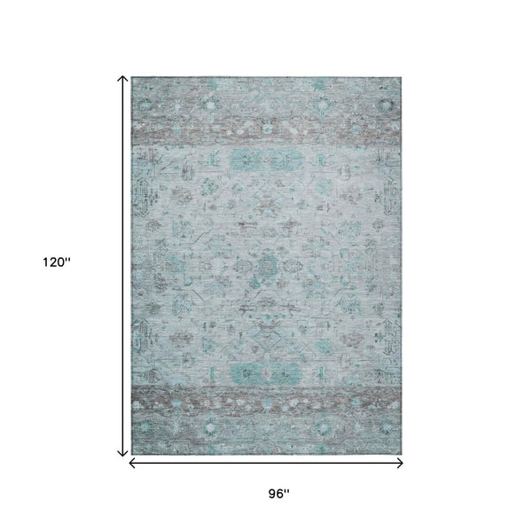 HomeRoots 8' X 10' Washable Teal Blue Gray Silver Tribal Rug - Durable Indoor Outdoor Area Rug for High Traffic Spaces 659333