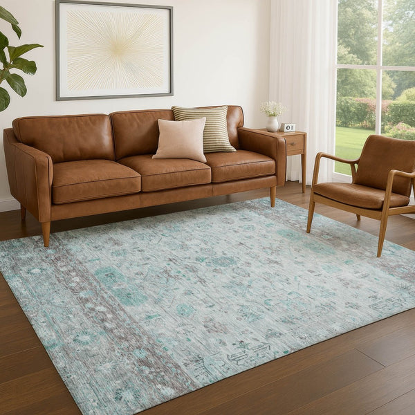 HomeRoots 8' X 10' Washable Teal Blue Gray Silver Tribal Rug - Durable Indoor Outdoor Area Rug for High Traffic Spaces 659333