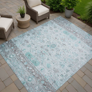 HomeRoots 9' X 12' Tribal Area Rug in Teal Blue Gray & Silver - Washable, Stylish for Indoor & Outdoor Use! 659334