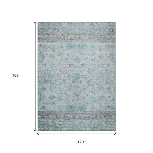 HomeRoots 10' Teal Blue Gray and Silver Tribal Area Rug - Durable Washable Indoor/Outdoor Design for Versatile Use 659335