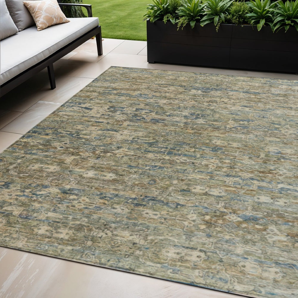 HomeRoots 5' X 8' Ikat Area Rug in Artichoke Green, Blue & Ivory - Stylish, Washable, Indoor/Outdoor Versatile Decor 659337