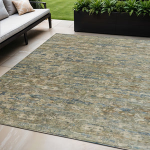 HomeRoots 5' X 8' Ikat Area Rug in Artichoke Green, Blue & Ivory - Stylish, Washable, Indoor/Outdoor Versatile Decor 659337