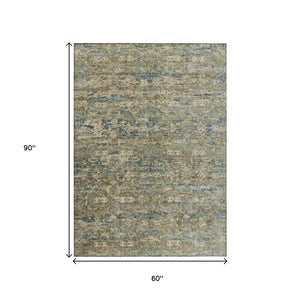 HomeRoots 5' X 8' Ikat Area Rug in Artichoke Green, Blue & Ivory - Stylish, Washable, Indoor/Outdoor Versatile Decor 659337