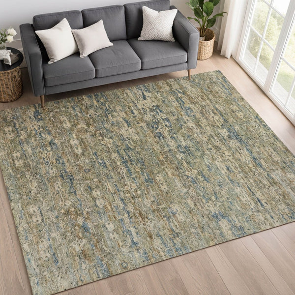 HomeRoots 5' X 8' Ikat Area Rug in Artichoke Green, Blue & Ivory - Stylish, Washable, Indoor/Outdoor Versatile Decor 659337