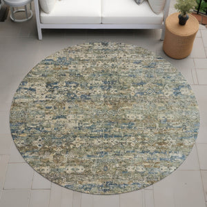 HomeRoots 8' Artichoke Green Blue Ivory Round Ikat Rug - Stylish, Durable, Washable for Indoor & Outdoor Use 659338