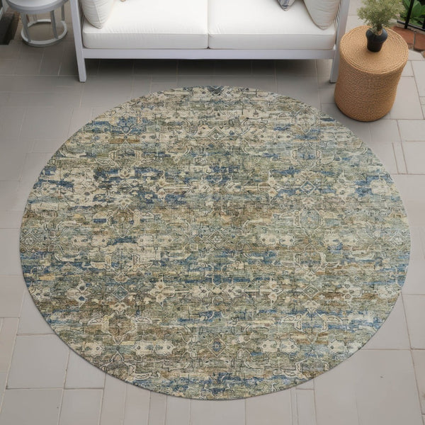HomeRoots 8' Artichoke Green Blue Ivory Round Ikat Rug - Stylish, Durable, Washable for Indoor & Outdoor Use 659338