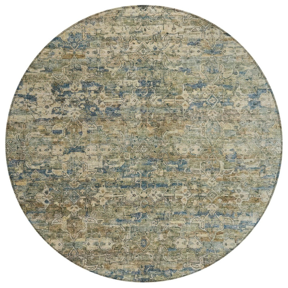 HomeRoots 8' Artichoke Green Blue Ivory Round Ikat Rug - Stylish, Durable, Washable for Indoor & Outdoor Use 659338