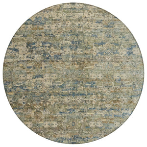HomeRoots 8' Artichoke Green Blue Ivory Round Ikat Rug - Stylish, Durable, Washable for Indoor & Outdoor Use 659338