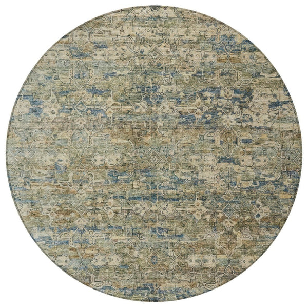 HomeRoots 8' Artichoke Green Blue Ivory Round Ikat Rug - Stylish, Durable, Washable for Indoor & Outdoor Use 659338