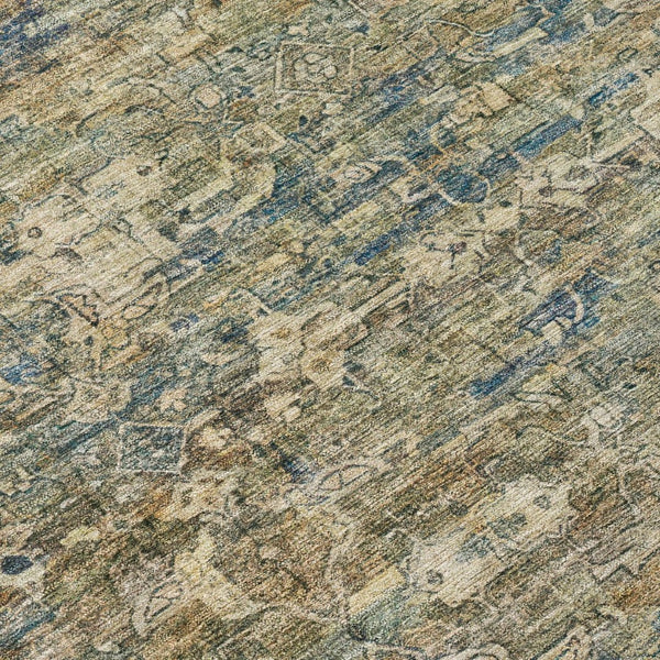 HomeRoots 8' Artichoke Green Blue Ivory Round Ikat Rug - Stylish, Durable, Washable for Indoor & Outdoor Use 659338