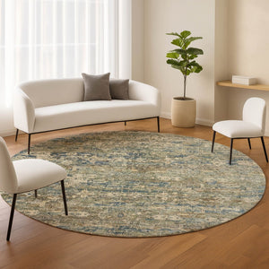 HomeRoots 8' Artichoke Green Blue Ivory Round Ikat Rug - Stylish, Durable, Washable for Indoor & Outdoor Use 659338