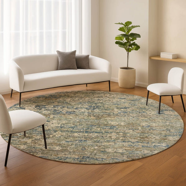 HomeRoots 8' Artichoke Green Blue Ivory Round Ikat Rug - Stylish, Durable, Washable for Indoor & Outdoor Use 659338