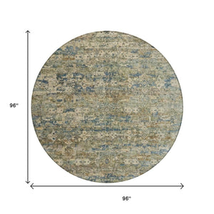 HomeRoots 8' Artichoke Green Blue Ivory Round Ikat Rug - Stylish, Durable, Washable for Indoor & Outdoor Use 659338