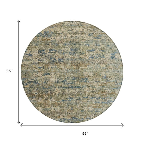 HomeRoots 8' Artichoke Green Blue Ivory Round Ikat Rug - Stylish, Durable, Washable for Indoor & Outdoor Use 659338