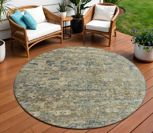 HomeRoots 8' Artichoke Green Blue Ivory Round Ikat Rug - Stylish, Durable, Washable for Indoor & Outdoor Use 659338
