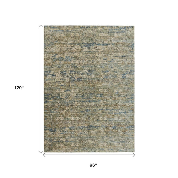 HomeRoots 8' X 10' Ikat Area Rug in Artichoke Green, Blue & Ivory - Washable, Durable for Indoor & Outdoor Use 659339