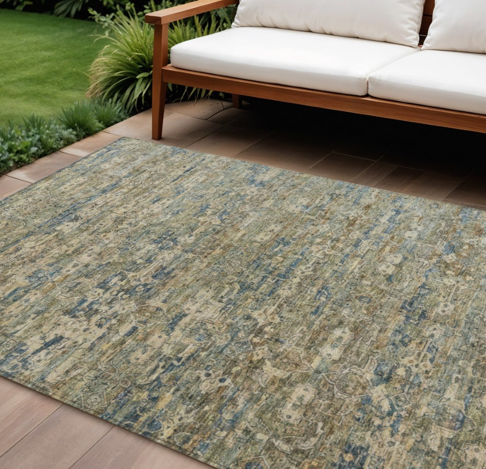 HomeRoots 9' X 12' Coastal Elegance Ikat Area Rug in Artichoke Green, Blue & Ivory – Durable, Washable Design 659340