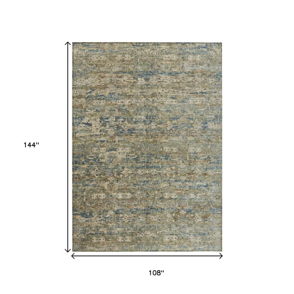 HomeRoots 9' X 12' Coastal Elegance Ikat Area Rug in Artichoke Green, Blue & Ivory – Durable, Washable Design 659340