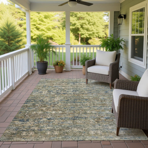 HomeRoots 9' X 12' Coastal Elegance Ikat Area Rug in Artichoke Green, Blue & Ivory – Durable, Washable Design 659340