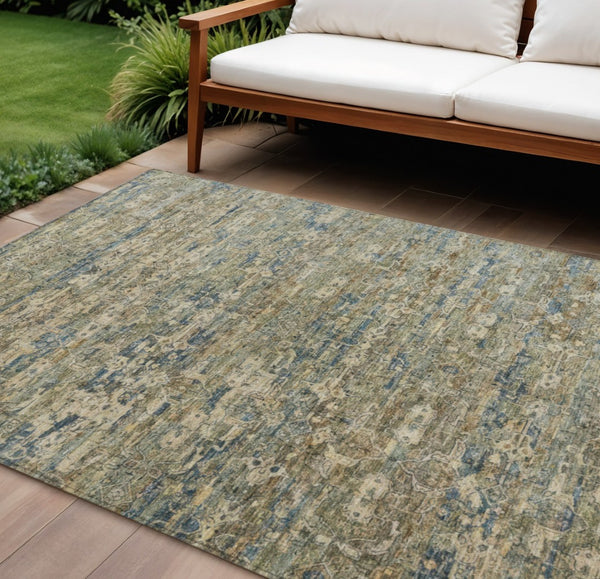 HomeRoots 10' Contemporary Ikat Area Rug in Artichoke Green & Blue – Washable for Indoor & Outdoor Spaces 659341