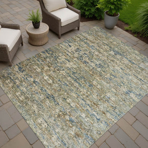 HomeRoots 10' Contemporary Ikat Area Rug in Artichoke Green & Blue – Washable for Indoor & Outdoor Spaces 659341