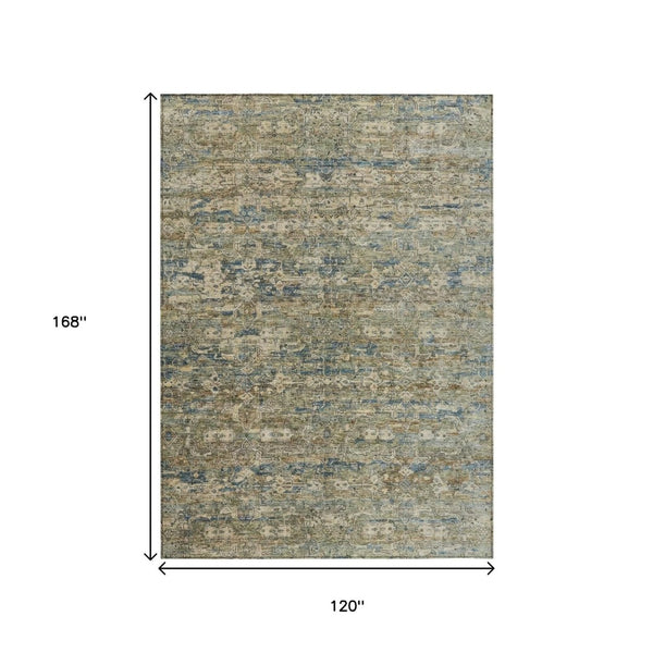 HomeRoots 10' Contemporary Ikat Area Rug in Artichoke Green & Blue – Washable for Indoor & Outdoor Spaces 659341
