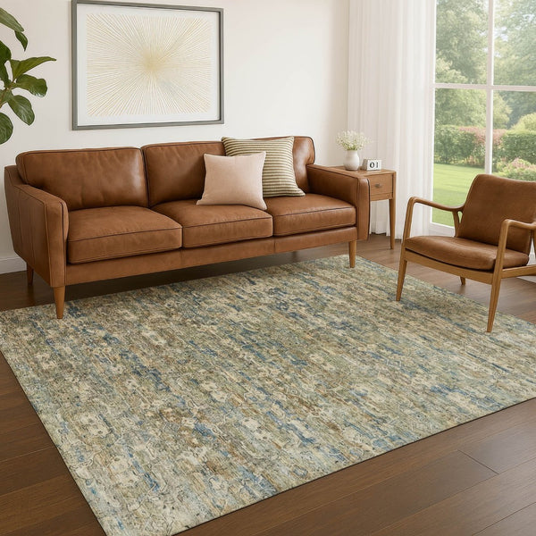 HomeRoots 10' Contemporary Ikat Area Rug in Artichoke Green & Blue – Washable for Indoor & Outdoor Spaces 659341
