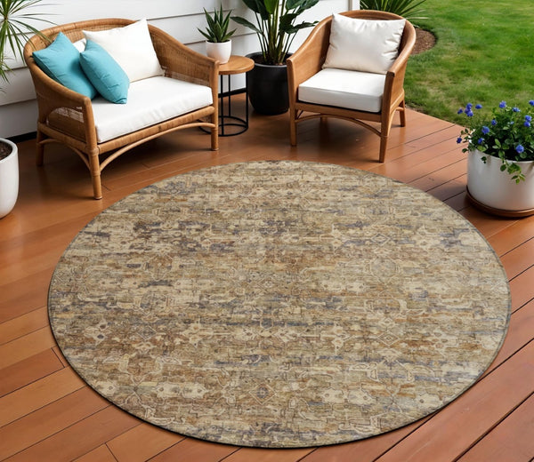HomeRoots 8' Round Ikat Area Rug - Stylish Brown & Beige Design, Washable, Durable for Indoor & Outdoor Use 659350