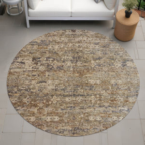HomeRoots 8' Round Ikat Area Rug - Stylish Brown & Beige Design, Washable, Durable for Indoor & Outdoor Use 659350