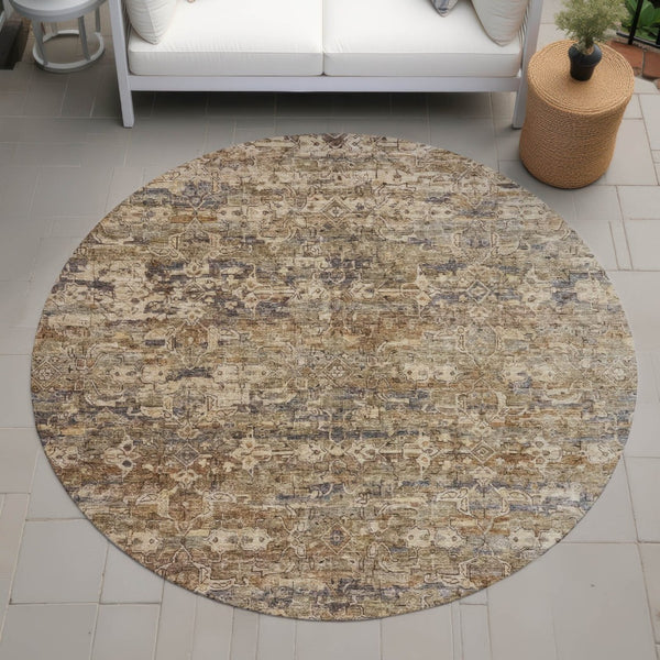 HomeRoots 8' Round Ikat Area Rug - Stylish Brown & Beige Design, Washable, Durable for Indoor & Outdoor Use 659350
