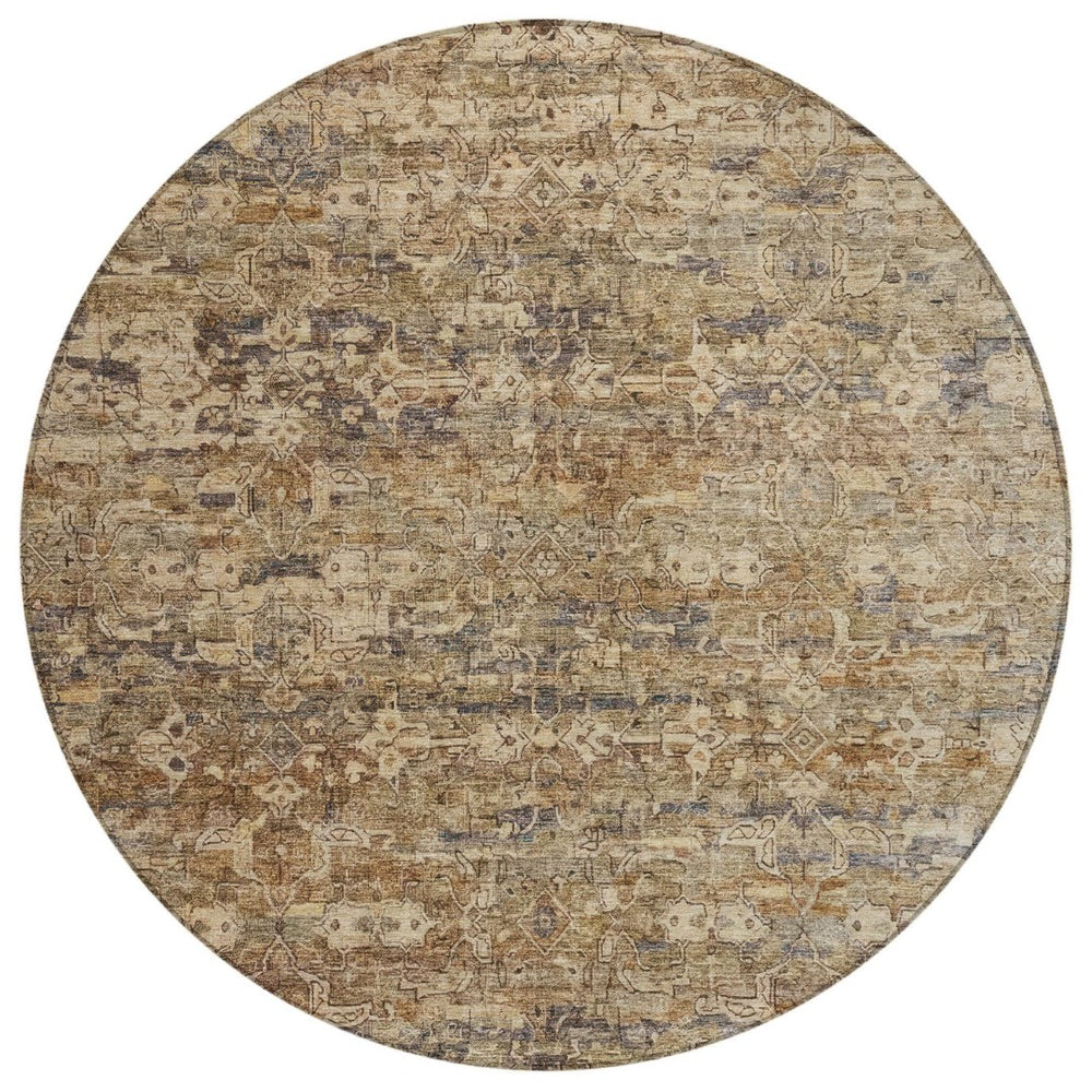 HomeRoots 8' Round Ikat Area Rug - Stylish Brown & Beige Design, Washable, Durable for Indoor & Outdoor Use 659350