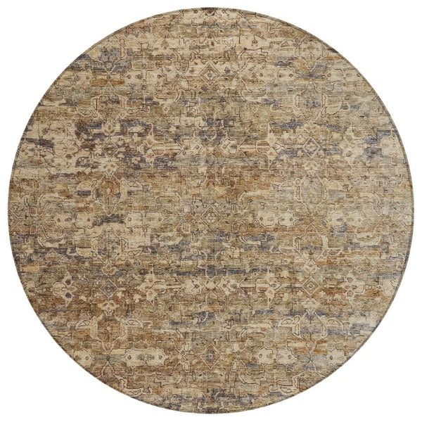 HomeRoots 8' Round Ikat Area Rug - Stylish Brown & Beige Design, Washable, Durable for Indoor & Outdoor Use 659350