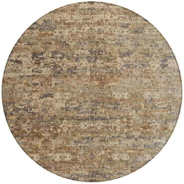 HomeRoots 8' Round Ikat Area Rug - Stylish Brown & Beige Design, Washable, Durable for Indoor & Outdoor Use 659350