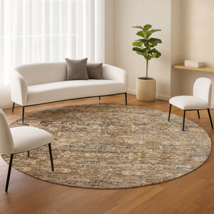 HomeRoots 8' Round Ikat Area Rug - Stylish Brown & Beige Design, Washable, Durable for Indoor & Outdoor Use 659350