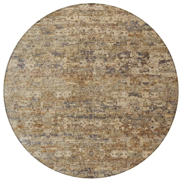 HomeRoots 8' Round Ikat Area Rug - Stylish Brown & Beige Design, Washable, Durable for Indoor & Outdoor Use 659350