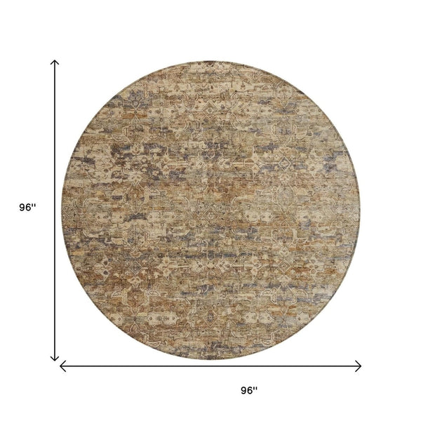 HomeRoots 8' Round Ikat Area Rug - Stylish Brown & Beige Design, Washable, Durable for Indoor & Outdoor Use 659350