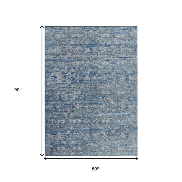 HomeRoots 5' Modern Denim Blue & Ivory Ikat Area Rug - Washable, Durable, Indoor/Outdoor, Stain Resistant Design 659355