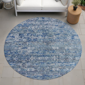 HomeRoots 8' Denim Blue Ikat Area Rug - Stylish Washable Round Design for Indoor & Outdoor Spaces, Durable & Easy Care 659356
