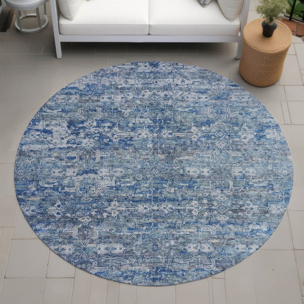 HomeRoots 8' Denim Blue Ikat Area Rug - Stylish Washable Round Design for Indoor & Outdoor Spaces, Durable & Easy Care 659356