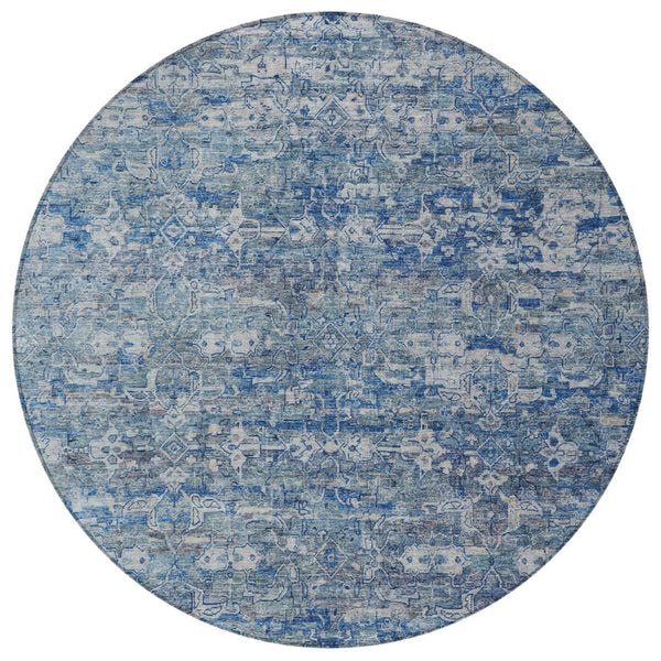HomeRoots 8' Denim Blue Ikat Area Rug - Stylish Washable Round Design for Indoor & Outdoor Spaces, Durable & Easy Care 659356